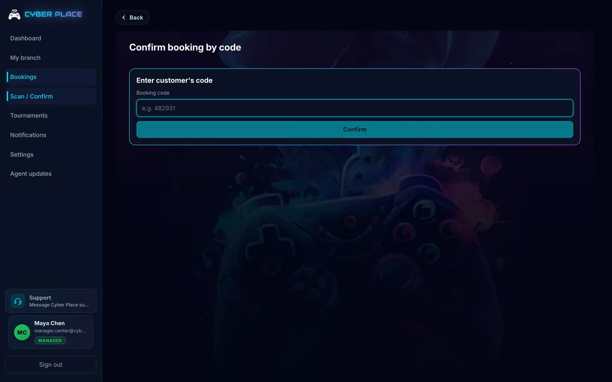Cyber Place panel: confirming a booking at the desk by its code
