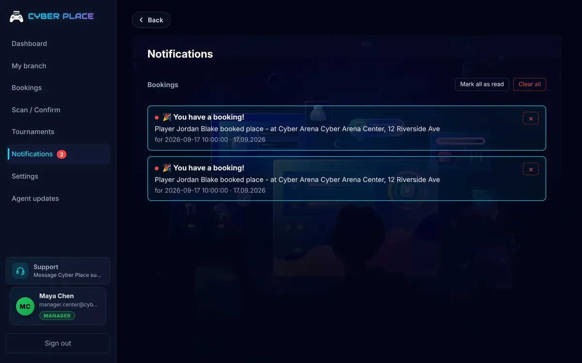 Cyber Place panel: a manager's notification feed with two new bookings