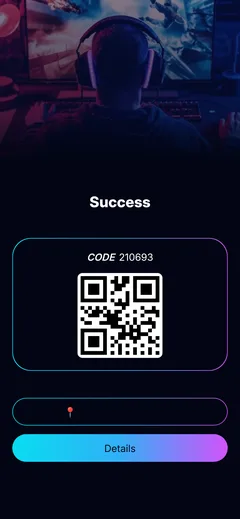 Cyber Place player app: a booking with its code and QR, ready to show at the desk