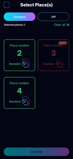 Cyber Place player app: the seat grid, free seats in green and a busy one in red