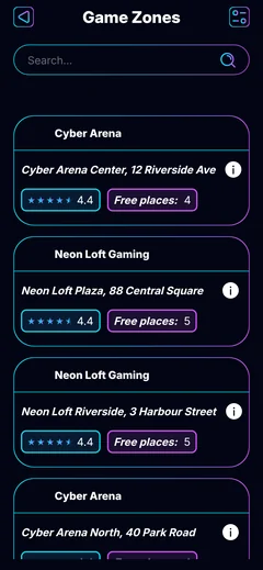 Cyber Place player app: the list of clubs with ratings and free seats