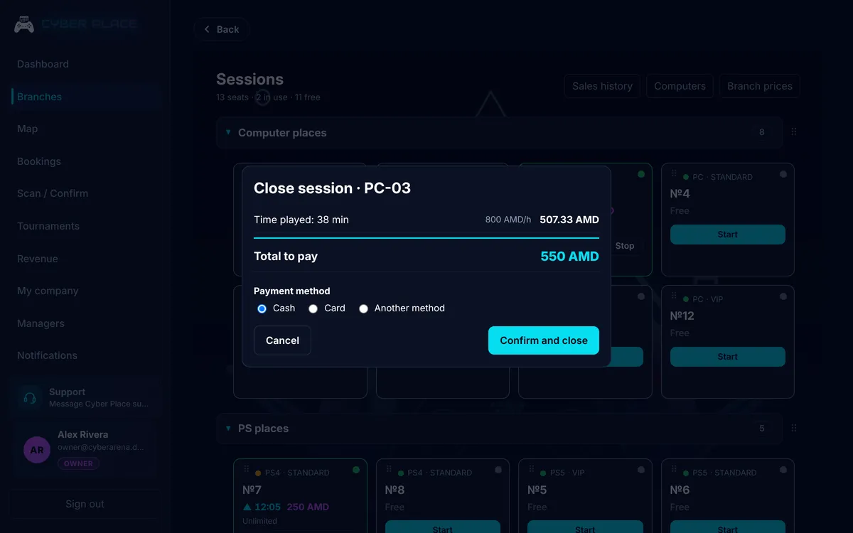 Cyber Place panel: the closing receipt with time, rate, rounding and payment method