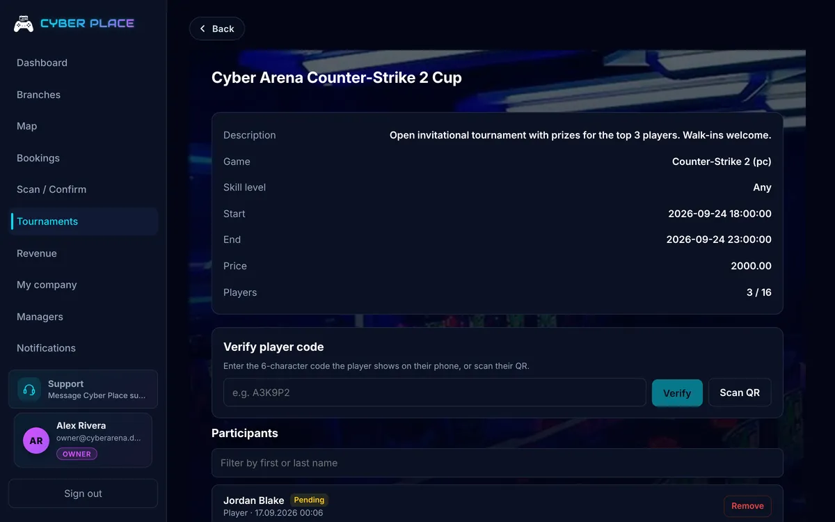 Cyber Place panel: a tournament with its registrations and the code-check form